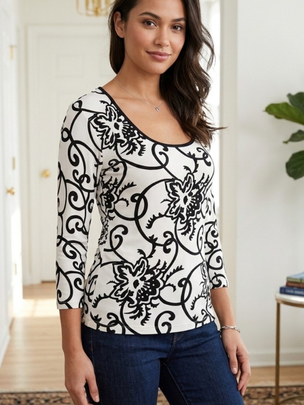 Boston Proper Sweater White Black Floral Crystal Jeweled Neck S